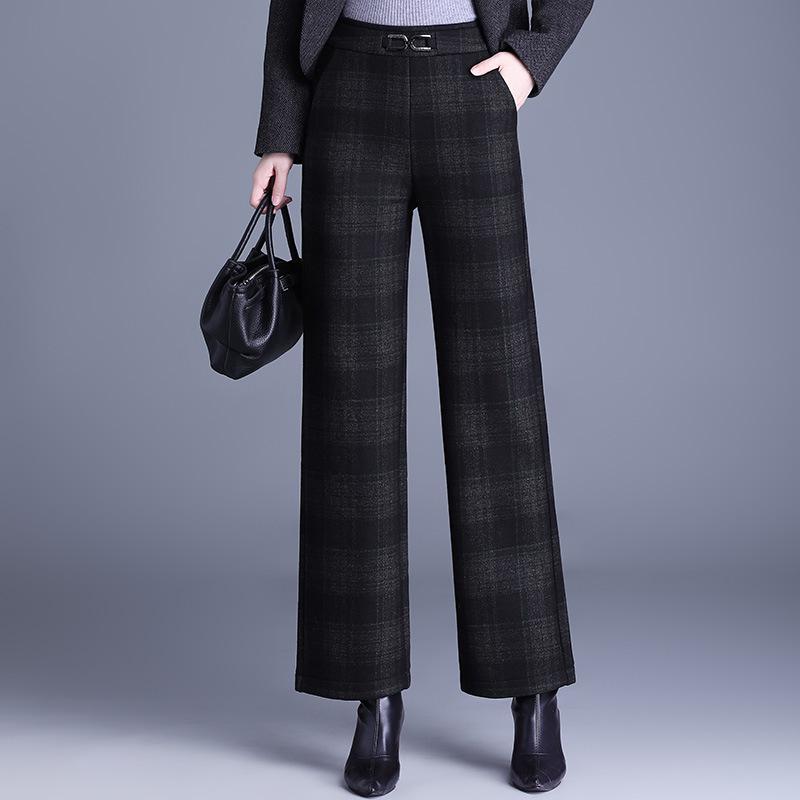 Plaid Wide-Leg Casual Women s Pants, Winter 2025, Velvet-Lined, Stretchy, Straight-Leg, Thick, Stylish, Cozy. 2XL