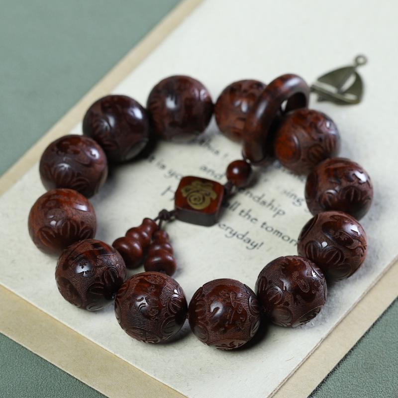 Exquisite 20mm Ethnic Buddhist Bead Bracelet with 12 Carved Beads, Unisex Rosary Pendant Style