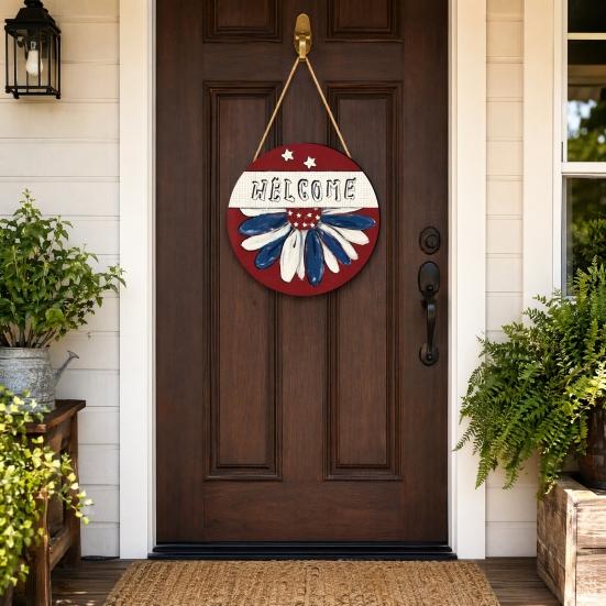 Spring Flower Wreath Welcome Sign, Independence Day Patriotic Hanging Plaque, Round Wooden Door Hanger Decoration for Indoor Outdoor