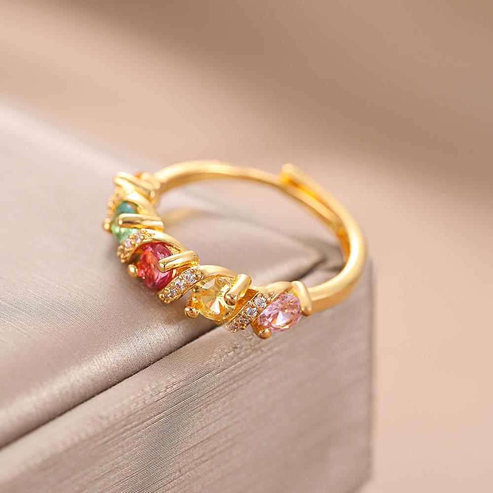 Retro Rainbow Tourmaline Gem & Diamond Full Ring, 18K Plated for Women