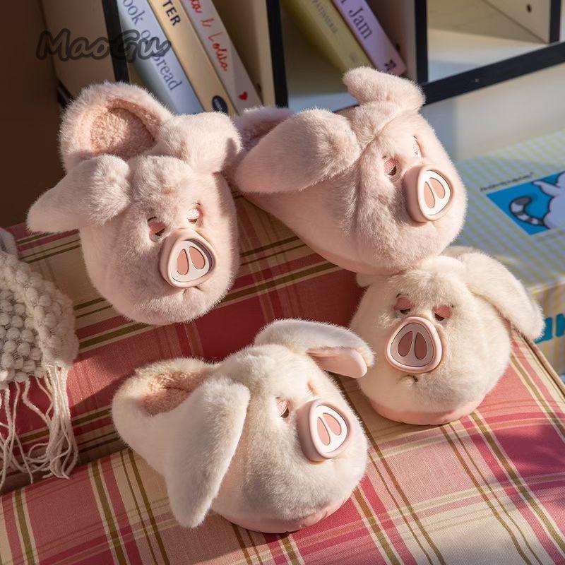 Fashion Cute Plush Pig Slippers for Women 2025 Autumn Winter Non-Slip House Shoes Warm Fleece Lined Cozy Slides Indoor Pantuflas Mujer