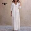 Long Sleeve Dresses Bohemian Ruffle V-Neck Dress, 3/4 Sleeves Maxi Dress for Loose Fit Women, Solid Color Casual Spring Fall Wear