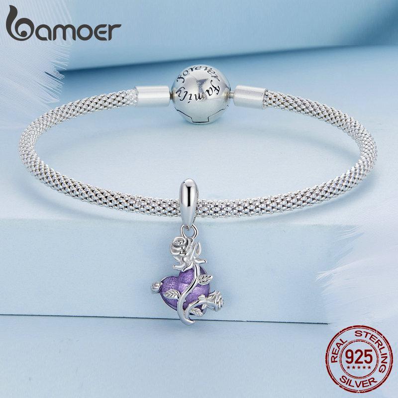 Bamoer 925 Sterling Sølv Romantisk Lilla Zirkon Rose Hengende Anheng Charms passer DIY Lagingsarmbånd & Armring Fint Smykke