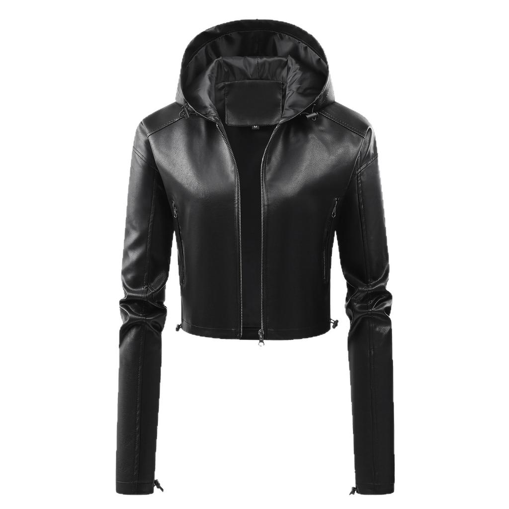 European and American hooded leather jacket large size leather jacket women's spring and autumn coat women's PU washed leather fashion locomotive