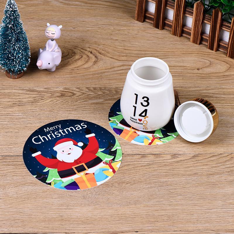 5Pcs/set Merry Christmas Round Cup Mat Table Placemats Coaster Anti-slip Kitchen Cushion Romantic Wedding New Year Party Pad