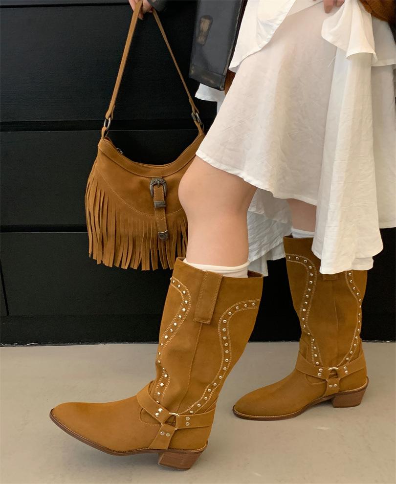 

Ретро коричневые сапоги детские 2025 новые осенне-зимние сапоги до колена заклепки вестерн рыцарские сапоги 40 светло-коричневого