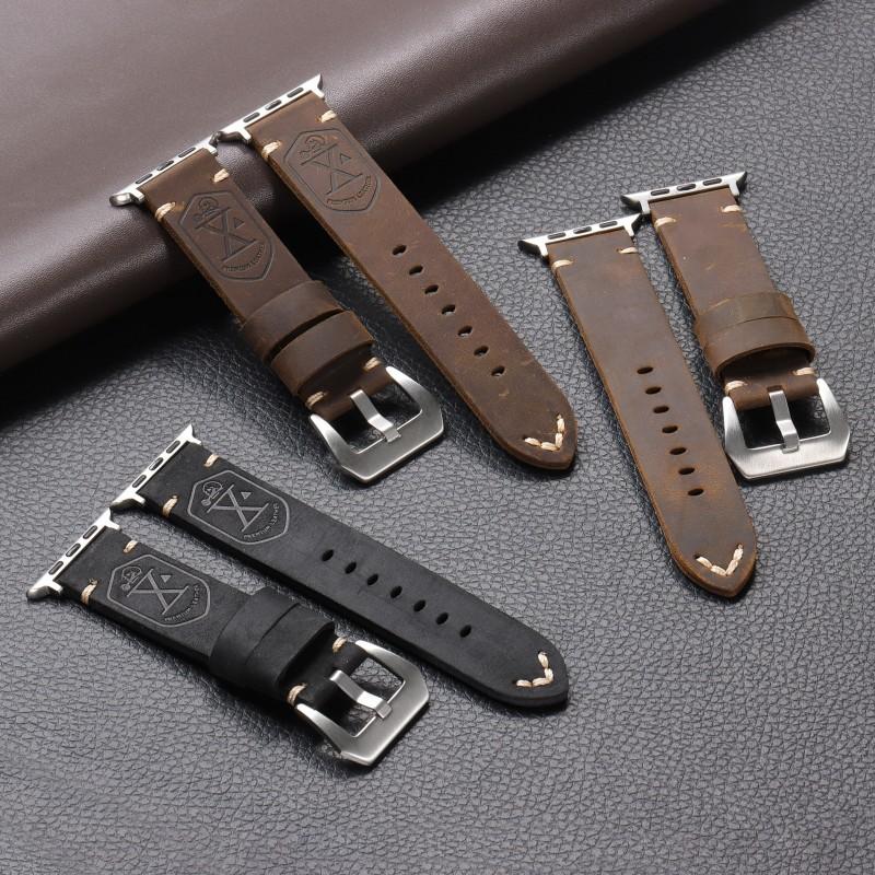 Retro Första lager Ko Läderrem för Apple Apple Watch8 Tryckt Klockarmband 49mm Herrarmband