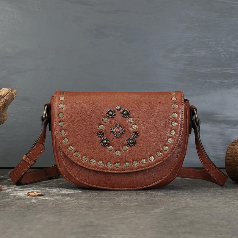 Johnature Genuine Leather Women's Saddle Bag Retro Handmade Rivet Shoulder & Crossbody Bags