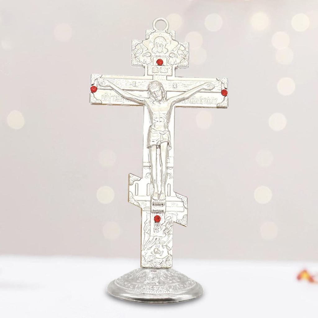 Jesuskreuz für den Schreibtisch aus Metall mit Sockel, Tischdekoration, christliche Haushaltswaren, Gebetsutensilien, Tischkreuz, katholisch