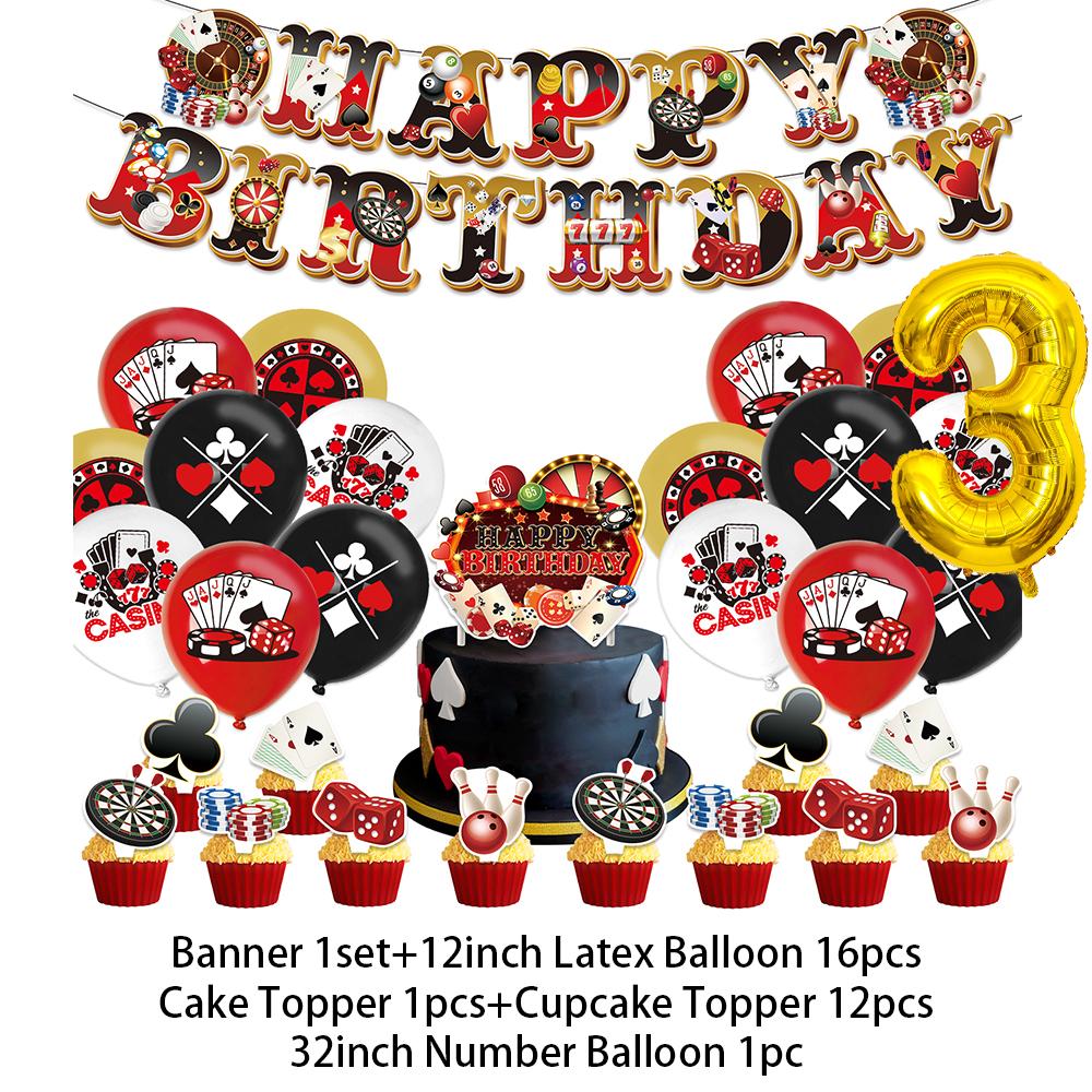 Casino Poker Chips Theme Birthday Party Decorations Playing Cards Money Golden Glitters Red Curtain BalloonS Cake Topper Banner