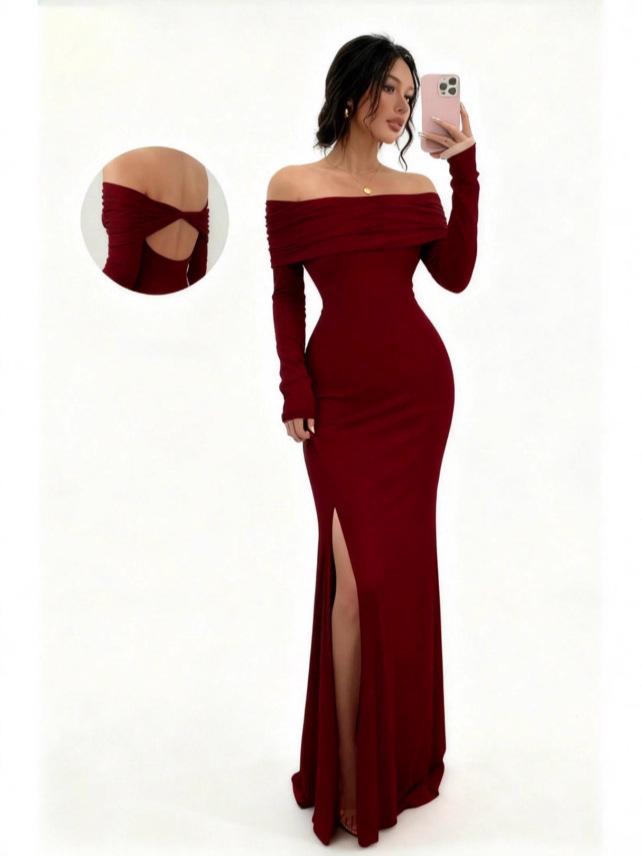 2025 Elegant One-Shoulder Long-Sleeve Slit Slim-Fit Dress