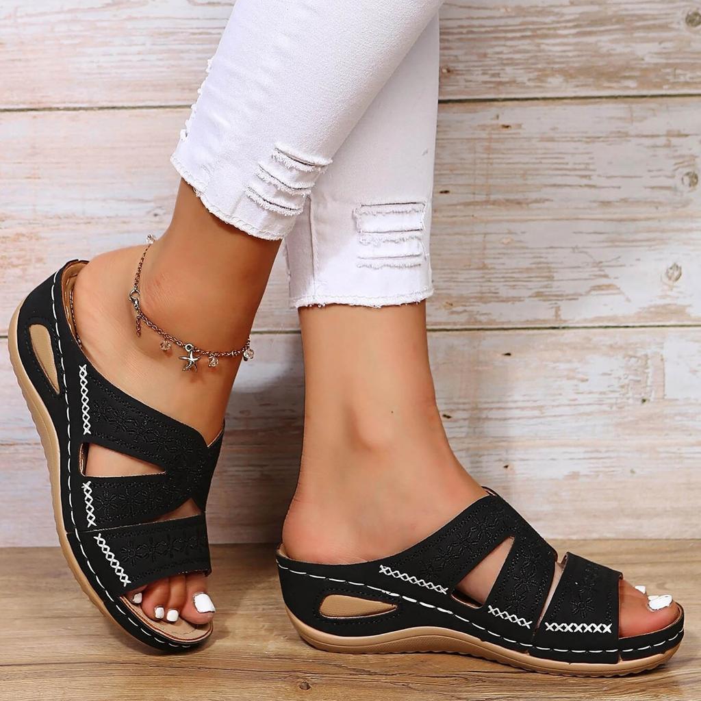 Women Wedge Slippers Premium Orthopedic Sandals Floral Embroidery Summer Open Toe Vintage Slippers Casual Platform Shoes Slides