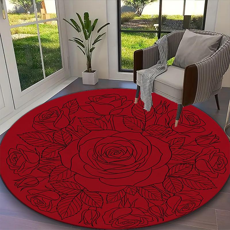 1pc Red Rose Vivid Poppy Printed Chair Rug for Home Office Use, Living Room Kitchen Game Room Round Carpet
