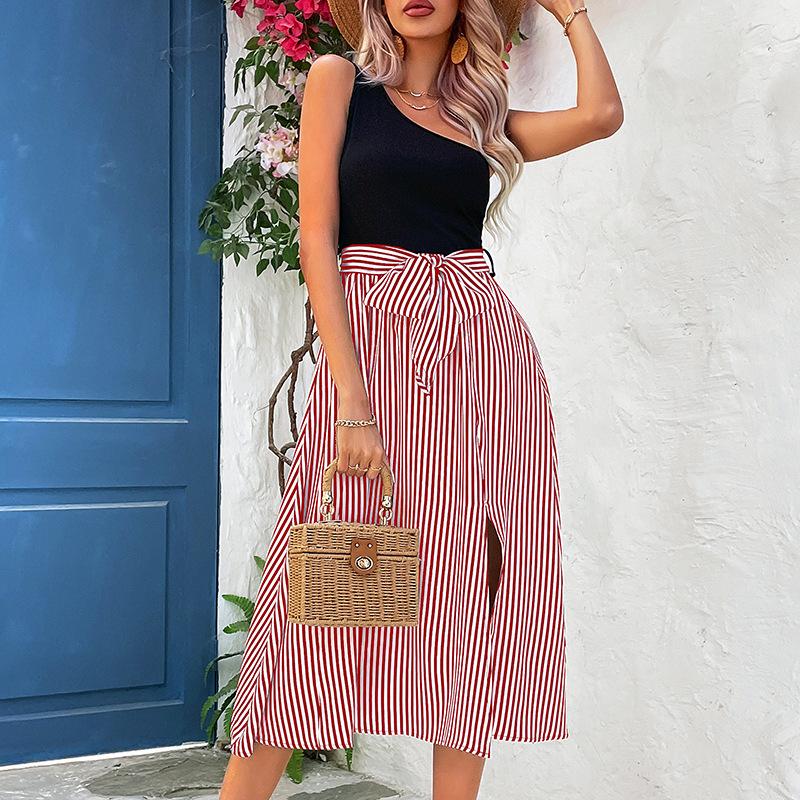 European and American summer vacation elegant wind splicing skirt lace-up contrasting color shoulder striped dress