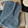 Women's Round Neck Sleeveless Denim Vest Loose Fit Vintage Washed Single Breasted Pocket Casual Waistcoat