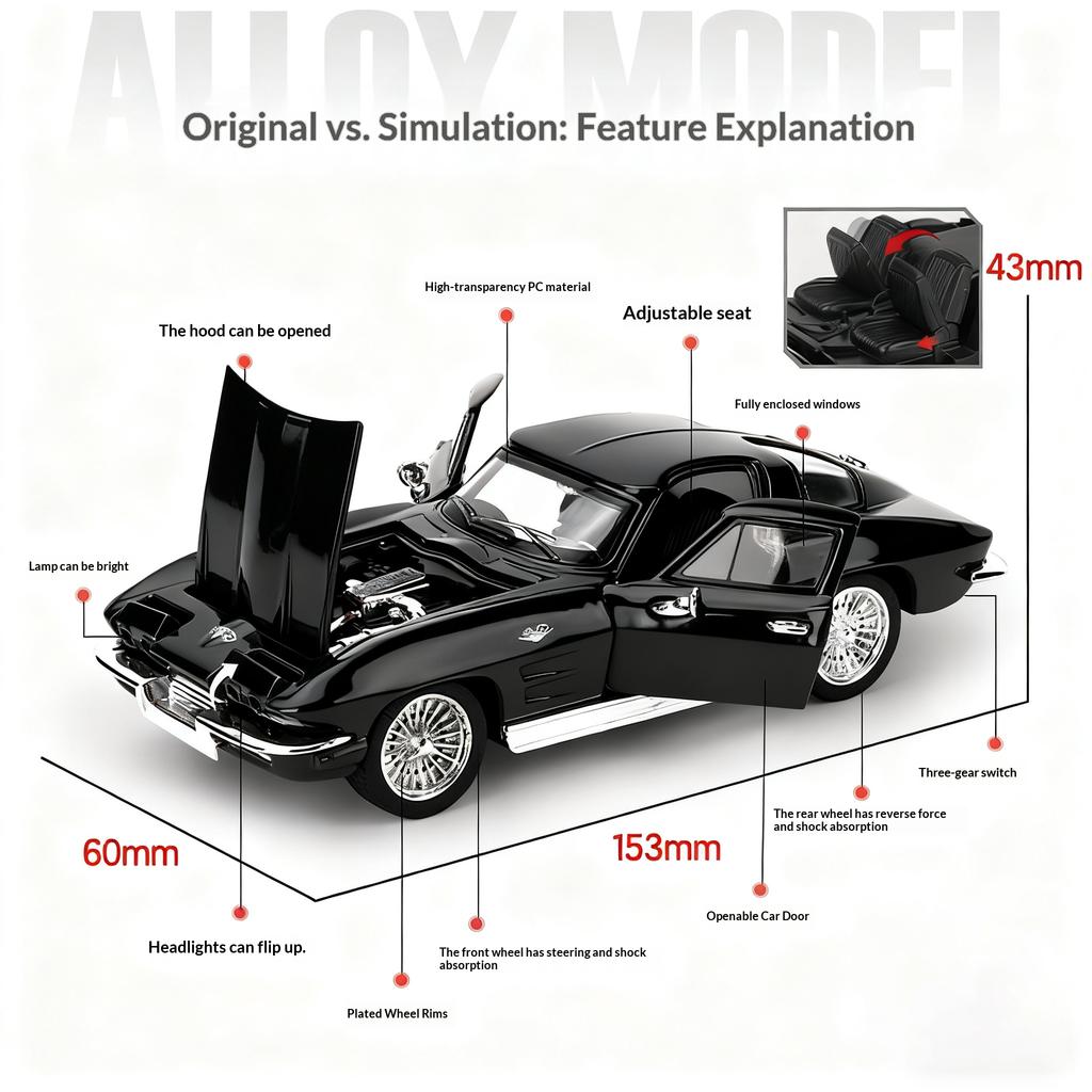 1:32 Corvette C2 Vintage American Sedan Classic Classic Car Alloy Model Collection Ornament Holiday Gifts