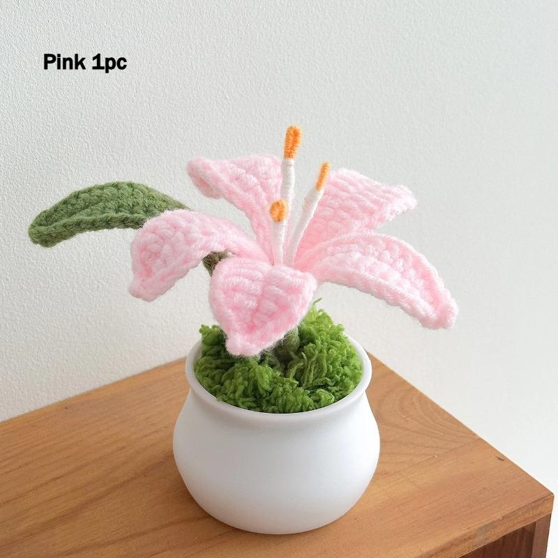 Flowers Hand-Knitted Lily Potted Delicate Crochet Woven Flowers Pot Gift Room Home Decoration