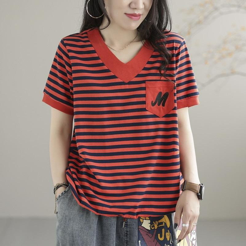

Plus Size Women s Striped Short-sleeved T-shirt Women s Cotton Summer V-neck Embroidered Literary Loose All-match Top M красный