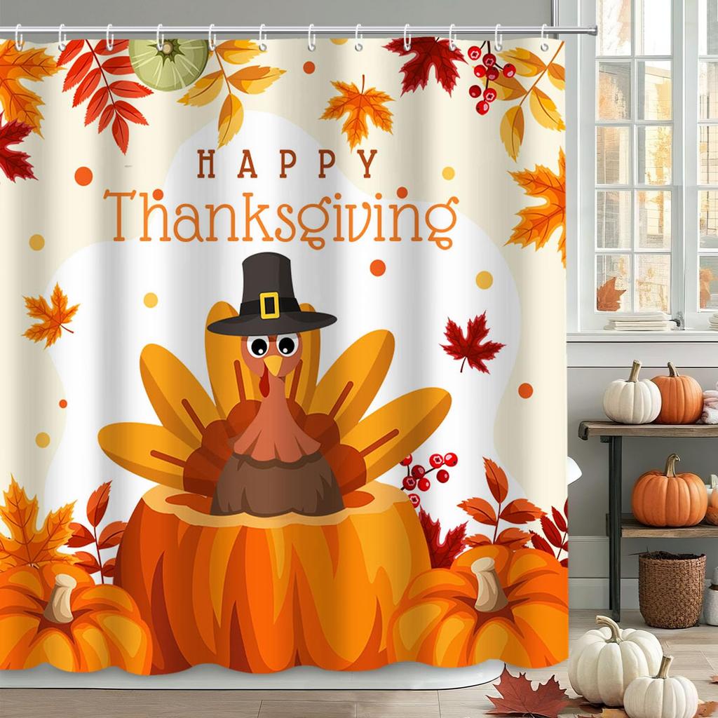 Thanksgiving Shower Curtain,Cartoon Turkey And Autumn Leaves Shower Curtain For Bathroom Decor Polyester Waterproof Bath Curtain