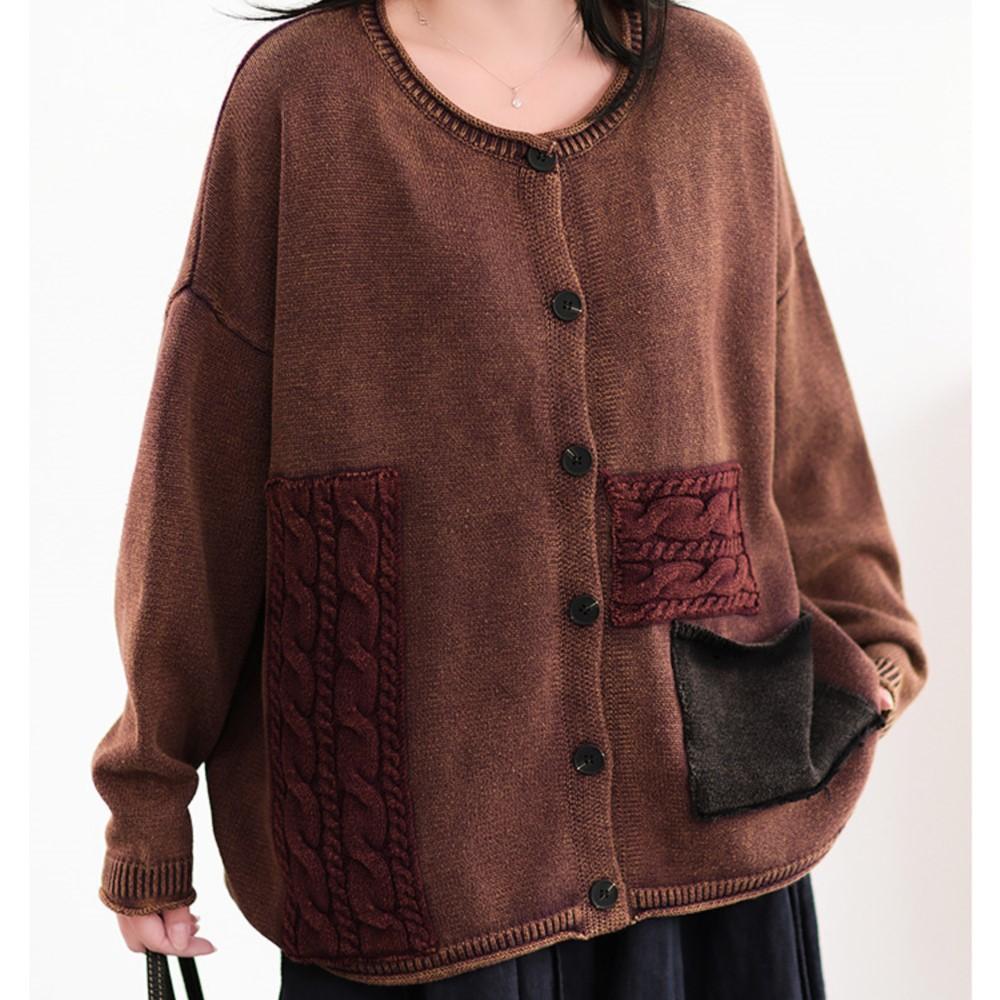 Johnature Women Vintage Winter Sweaters O-Neck Long Sleeve Patchwork Color Button Knitted Female Sweaters