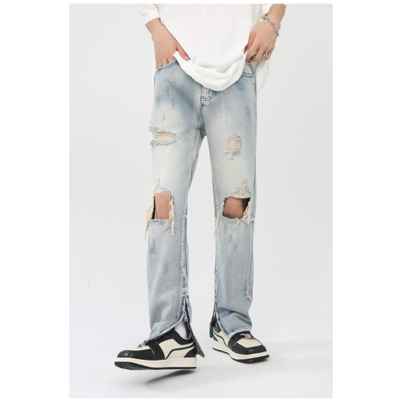 Long Trousers High Street Broken Hole Men and Women with The Same Hip-hop Retro Washed Zipper Scraped Beggar Pants Pants Versatile
