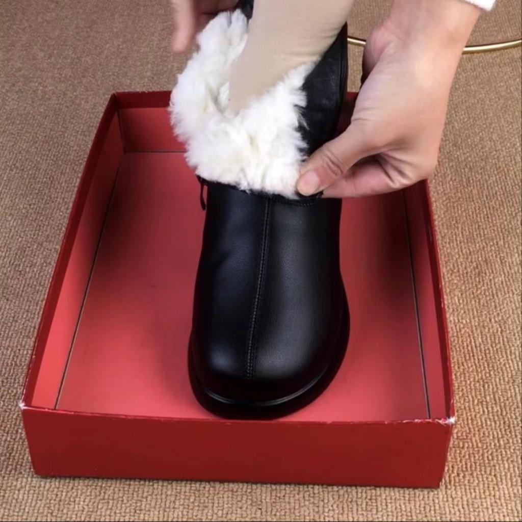 2025 autumn and winter new soft leather low-heeled boots women's soft leather round head temperament versatile square heel soft-soled plush f