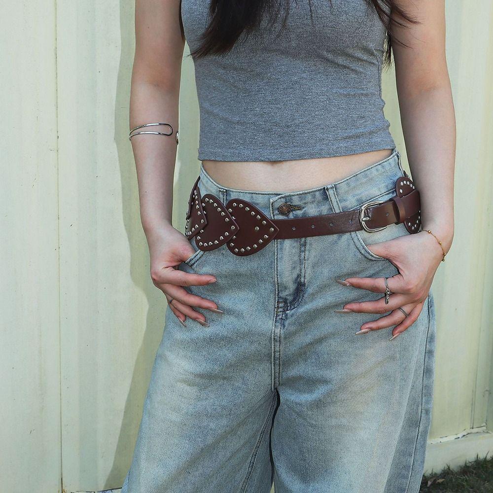 

PU Leather Rivet Waist Belt Love Heart Dress Jeans Belt Vintage Wide Women s Belt Spicy Girls кавовий