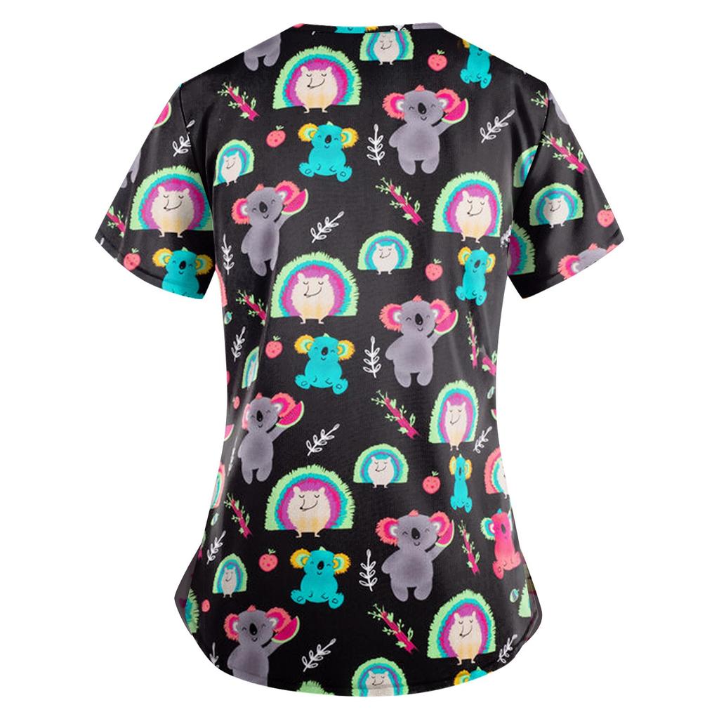 Women's Fashion V-neck Short Sleeve Workwear With Pockets Printed Tops
