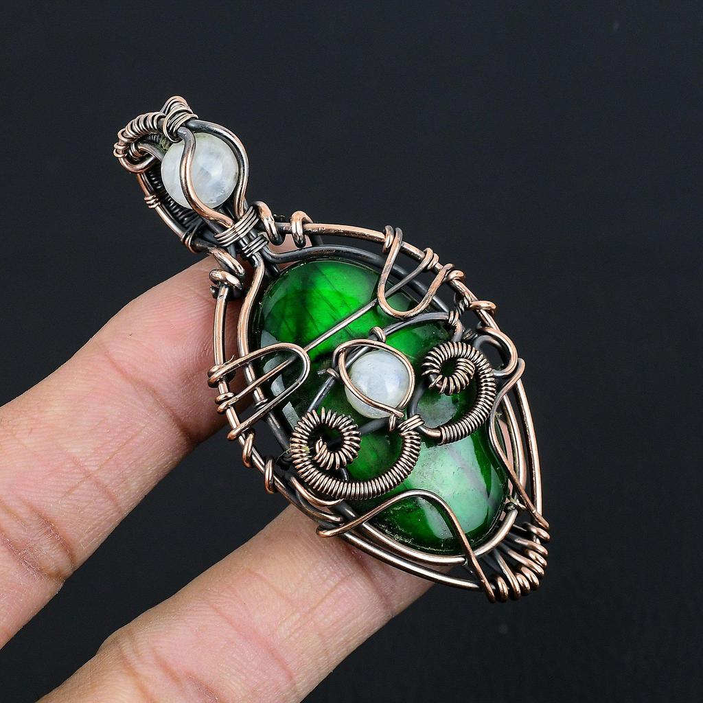 Pandantiv Labradorit Green Flash Bijuterii cu Pietre Prețioase, Pandantiv Înfășurat cu Sârmă de Cupru 999, Bijuterii Handmade Pandantiv Piatră Natală, Cadou Pentru El