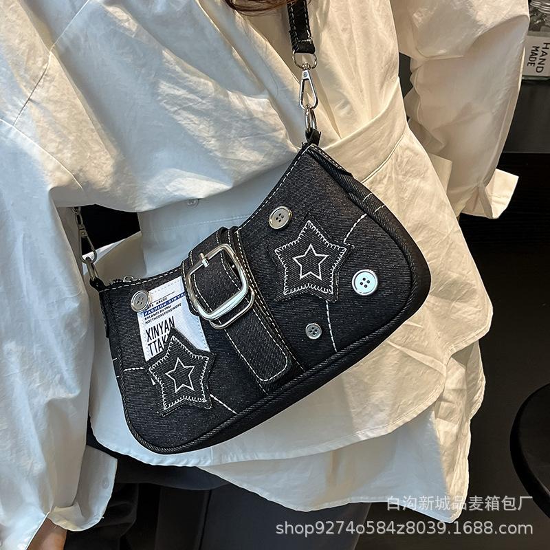 2025 New Vintage American Trend Star Shoulder Underarm Bag Fashion Denim Chain Bag Canvas Crescent Bag