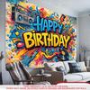 1pc 2D Flat Graffiti Happy Birthday Banner Vintage Music Theme Decor Indoor Outdoor Backdrop Garden Patio Birthday Celebration Party Decor