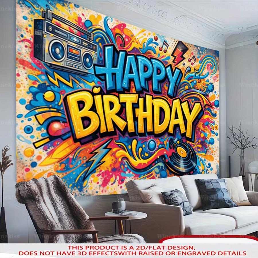1pc 2D Flat Graffiti Happy Birthday Banner Vintage Music Theme Decor Indoor Outdoor Backdrop Garden Patio Birthday Celebration Party Decor
