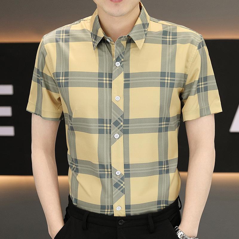 Summer Short-sleeved Shirt Men's Plaid Shirt Workwear Gangster Handsome Men's Ice Silk Casual Inch Shirt Tops