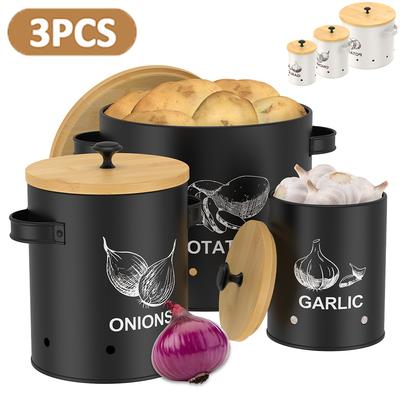 3Pcs Potato Onion Garlic Storage Bin Metal Vegetable Storage Jar with Bamboo Lid and Ventilation Hole Stackable Kitchen Canister