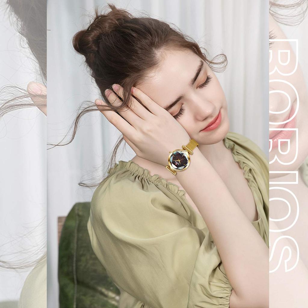 RORIOS Damenuhr aus 3D-Blumennetz für den Weg zur Arbeit oder zur Schule, grün, wasserdicht, Japan, Glitzer, Zifferblatt, Diamant, Band, lässig, Quarz, Uhr