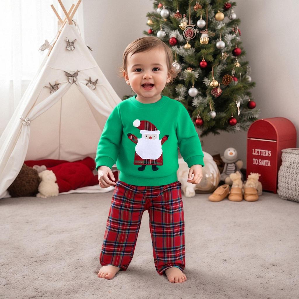 2025 Christmas Toddler Boy's Santa Sweatshirt & Plaid Pants Set