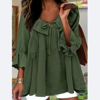 A Trendy New Plus-Size Women'S Shirt Featuring Textured Neckline, Ruffled Edges, a Bow Tie, And a Loose, Elegant Design