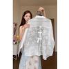 Women Lace Back Bow-tie Blouse Puff Sleeve Collared Sheer Casual Loose Fit Sun Protection Shirt