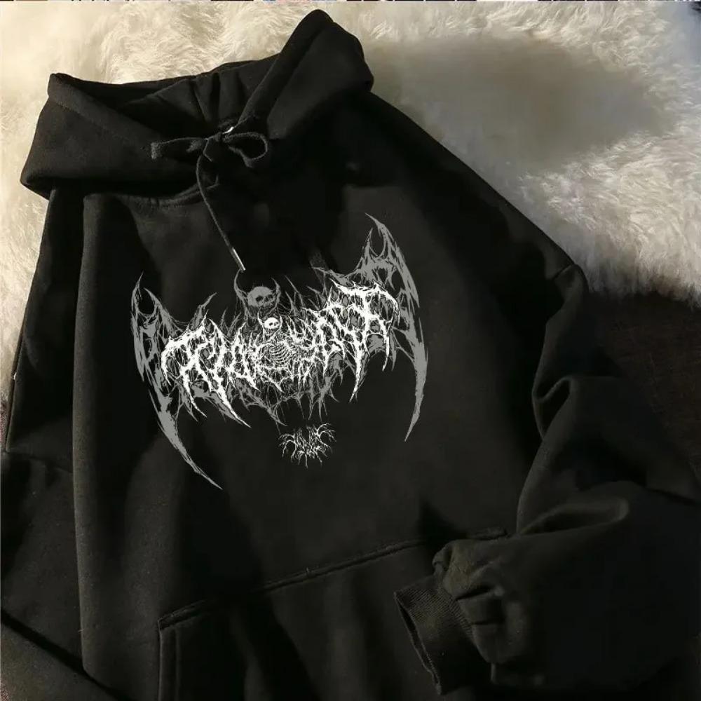 Skull Pattern Printed Long Sleeved Men s Hooded Sweatshirt Gothic Top Black Punk Style Fashionable Cool Hooded Sweatshirt S