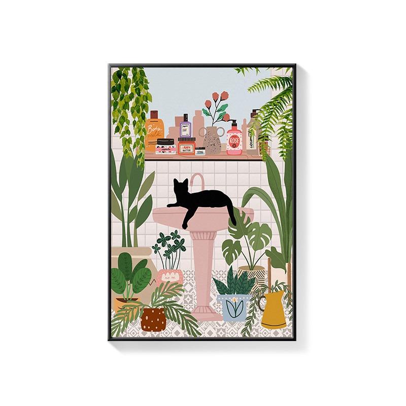 Bathroom Decorative Painting Cat American Retro Toilet Bathroom Canvas Painting Wall Art Poster for Modern Bathroom Home Decor