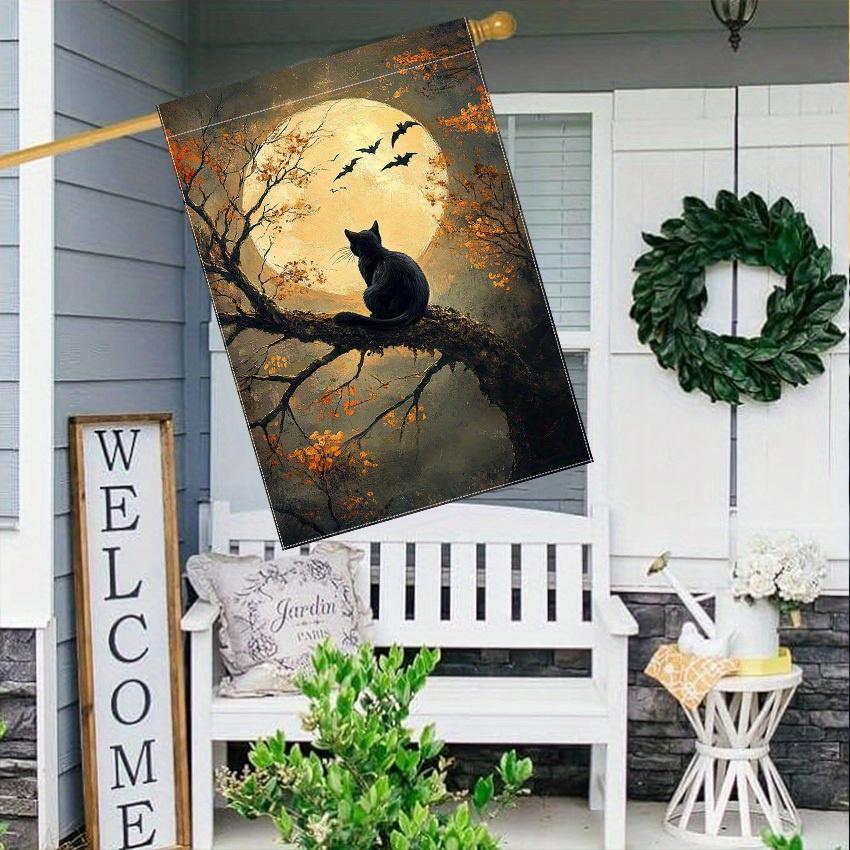 Halloween Garden Flag - Double-Sided Polyester Black Cat & Full Moon Design, Festive Outdoor Lawn Decor, No Electricity Required, 1PC