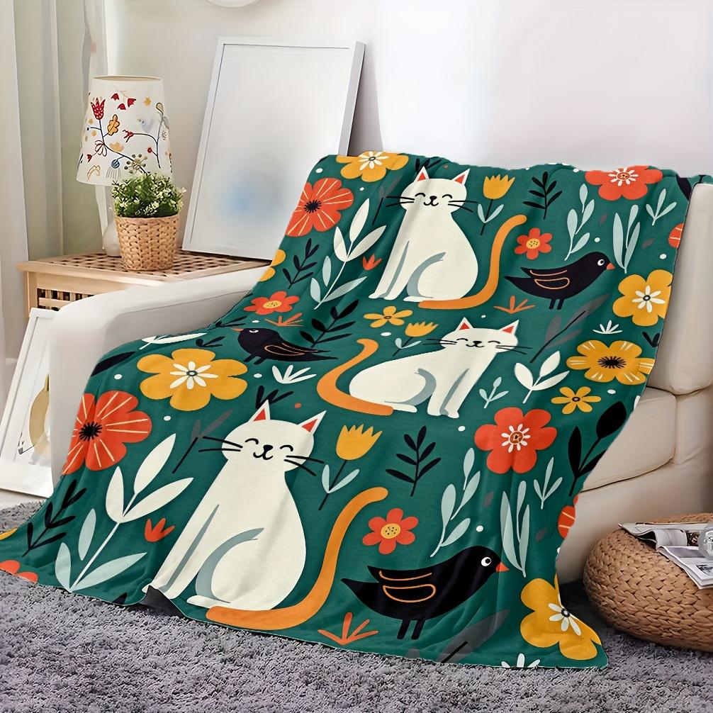 Gemütliche Katze Blumenmuster Flanelldecke Weich Atmungsaktiv Polyester Ganzjahreskomfort für Heimdekoration
