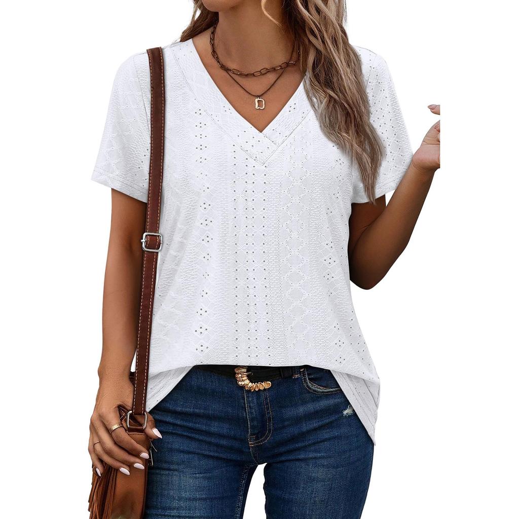 Women's Fashion Casual Short Sleeve V-Neck Court Lock T-Shirt Top