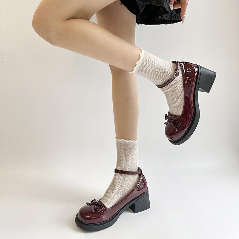 Fashion Women Shoes 2025 Spring Pumps Mary Jane Black Heels Chunky Sandals Latest Lolita Block Bow Retro Leather New Butterfly-knot