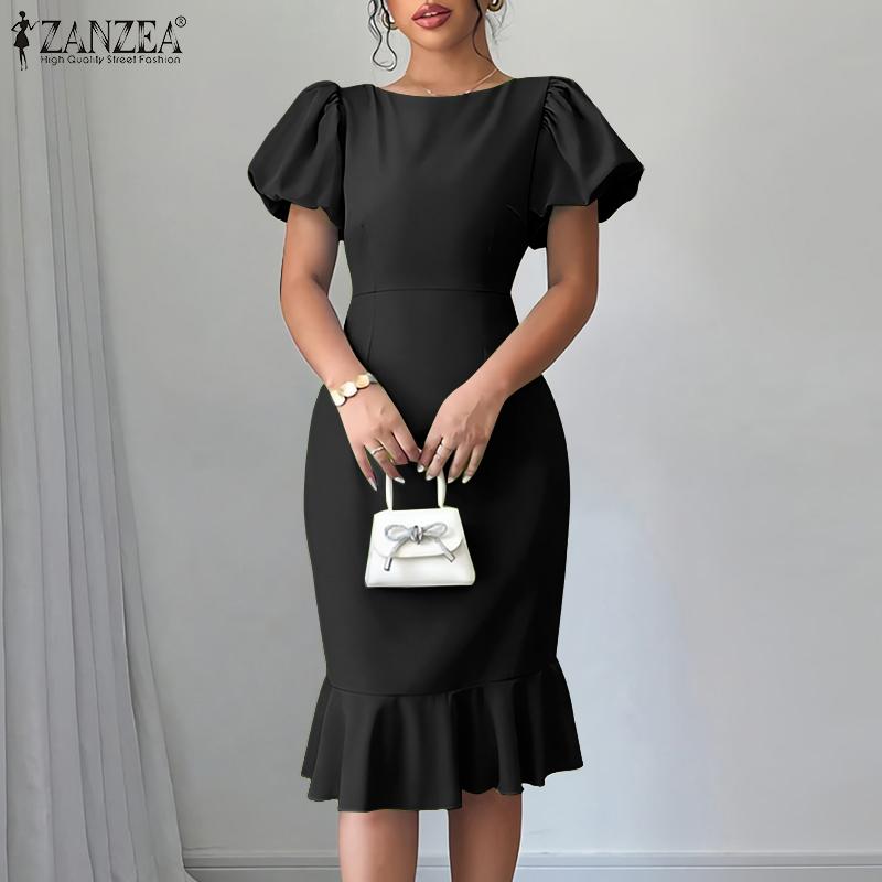 ZANZEA Women Casual Round Neck Summer Puff Short Sleeve Dress