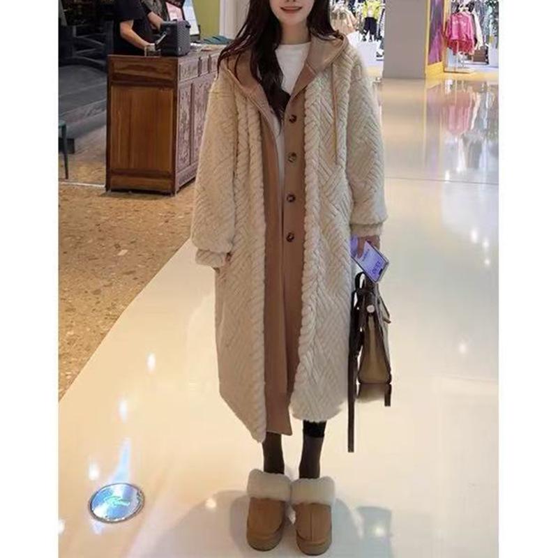 Damski płaszcz ze sztucznego futra jagnięcego i skóry - Jesień/Zima Długi styl