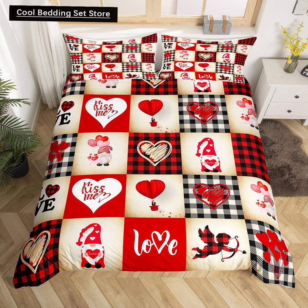 Valentinstag King Bettbezug Romantisches Bettwäsche-Set Kawaii Paar Wichtel Bettdeckenbezug Rosa Rosen Herzen Polyester Steppdeckenbezug