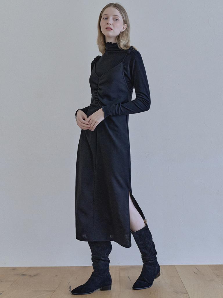 Avang Black Shirring Long Dress -Black