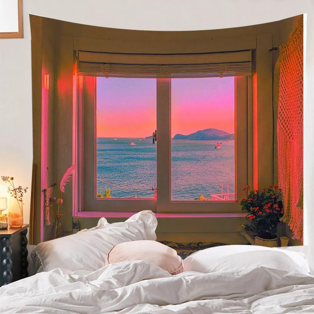 Pink Moon Scenery Tapestry Bohemian Wall Hanging Cloth Home Decoration Girls Bedroom Living Room Background Cloth
