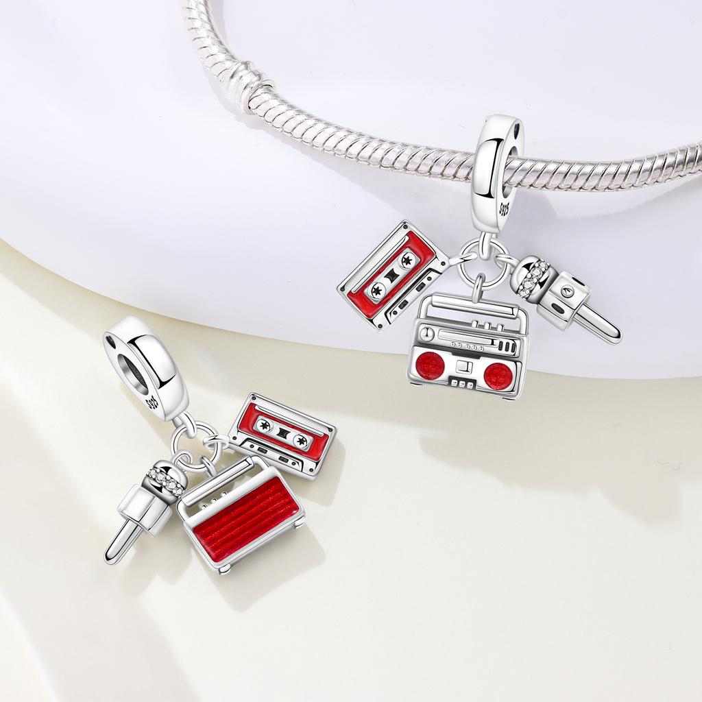PANPOKI Copper Metal Retro Red Audio Music Hobbies Authentic Original Pendant Bead Components Bracelet High Quality Fine Jewelry Charm Bead